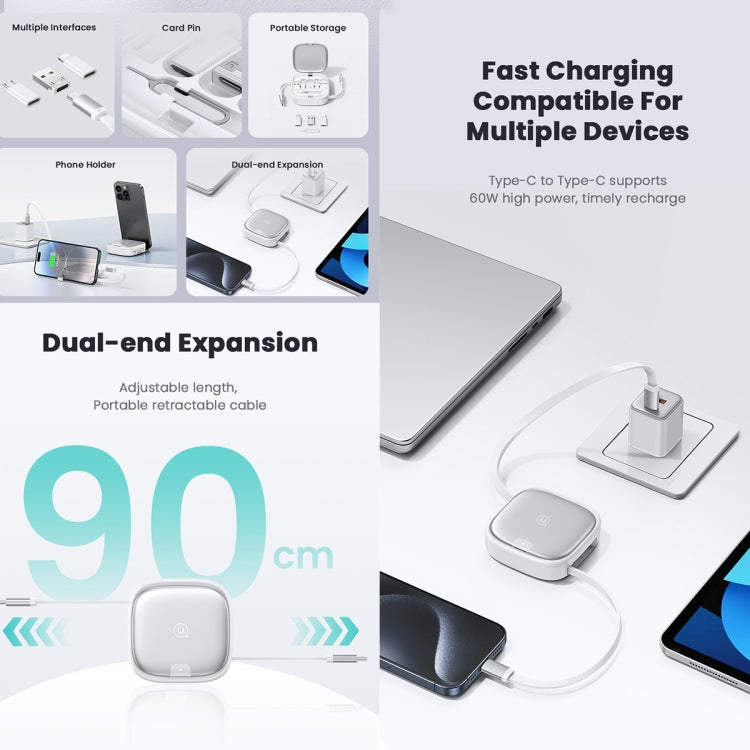 USAMS US-SJ650 U87 60W USB To Type-C To Type-C 8 Pin + Micro USB Multifunctional Telescopic Storage Box Data Cable, Length: 1m(Silver) - Multifunction Cable by USAMS | Online Shopping UK | buy2fix