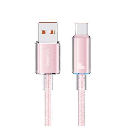 USAMS USB To Type-C 6A Aluminum Alloy Clear LED Fast Charge Data Cable, Length: 1.2m(Pink) - Multifunction Cable by USAMS | Online Shopping UK | buy2fix