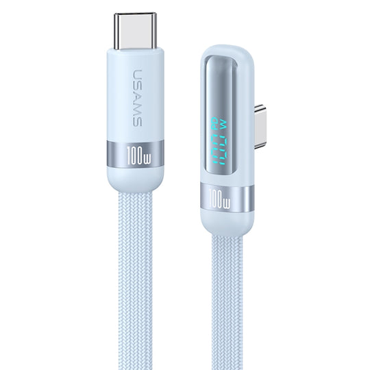 USAMS US-SJ653 PD 100W USB-C/Type-C to USB-C/Type-C Aluminum Alloy Digital Display Fast Charging Elbow Data Cable, Length: 1.2m(Blue)