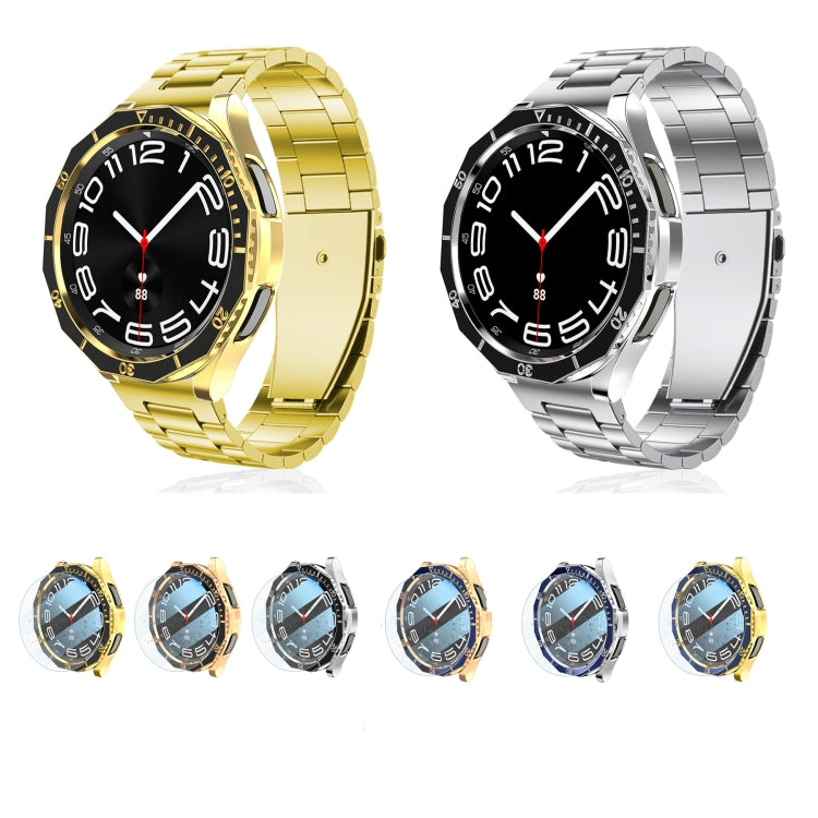 For Samsung Galaxy Watch6 Classic 47mm R960 Electroplate PC Case + Tempered Film + Watch Bezel Ring Set(Blue+Gold) - Watch Cases by buy2fix | Online Shopping UK | buy2fix