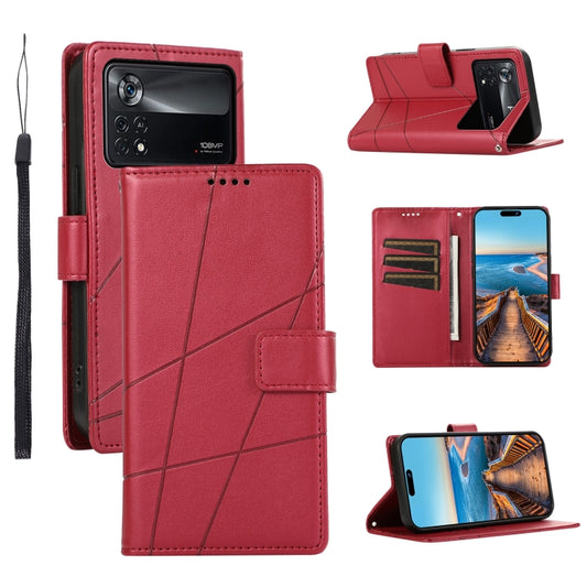 For Xiaomi Poco X4 Pro 5G PU Genuine Leather Texture Embossed Line Phone Case(Red) - Xiaomi Cases by buy2fix | Online Shopping UK | buy2fix