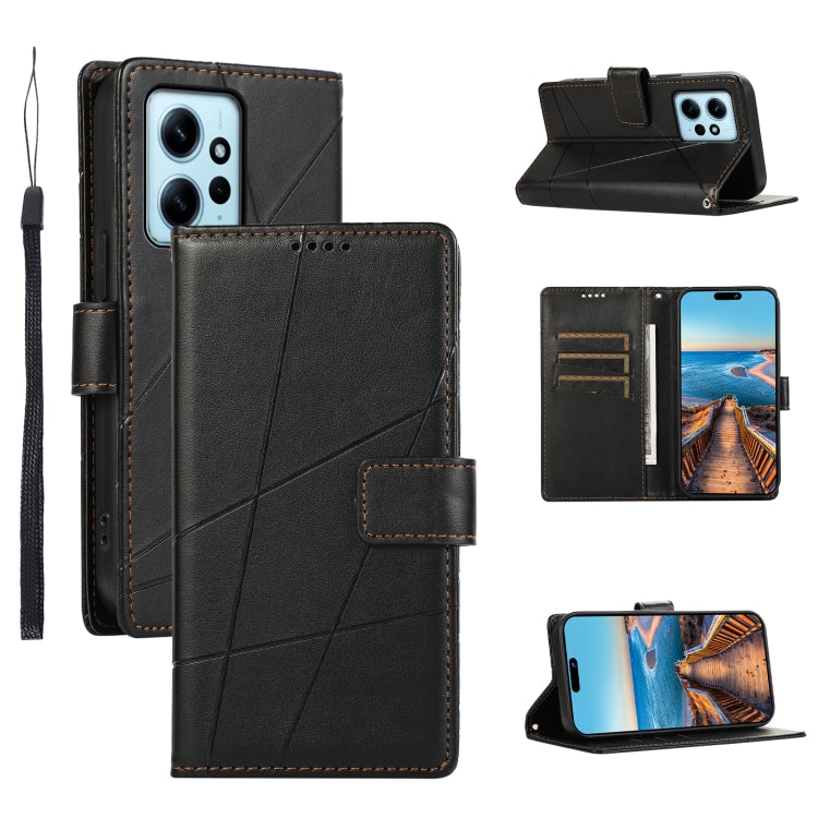 For Xiaomi Redmi Note 12 4G PU Genuine Leather Texture Embossed Line Phone Case(Black) - Xiaomi Cases by buy2fix | Online Shopping UK | buy2fix