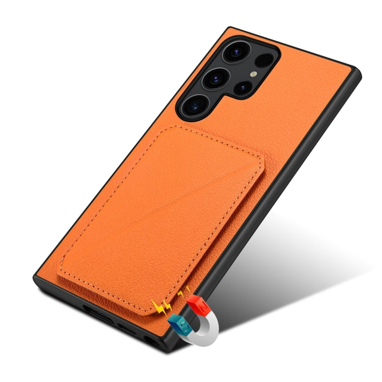 For Samsung Galaxy S23 Ultra 5G Denior Calf Texture Holder Electroplating Phone Case(Orange) - Galaxy S23 Ultra 5G Cases by Denior | Online Shopping UK | buy2fix