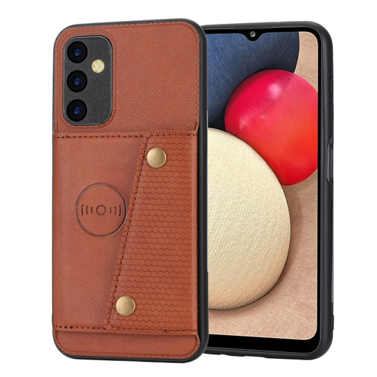 For Samsung Galaxy A35 5G Double Buckle Card Slots Magnetic Phone Case(Brown)