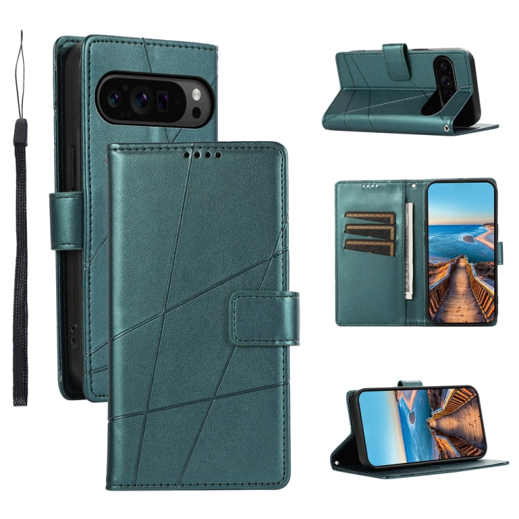 For Google Pixel 9 Pro PU Genuine Leather Texture Embossed Line Phone Case(Green) - Google Cases by buy2fix | Online Shopping UK | buy2fix