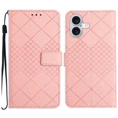 For iPhone 16 Rhombic Grid Texture Leather Phone Case(Pink) by buy2fix