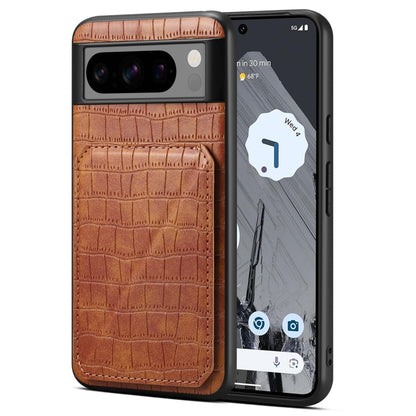 For Google Pixel 8 Pro Denior Crocodile Texture Holder Electroplating Phone Case(Brown) - Google Cases by Denior | Online Shopping UK | buy2fix