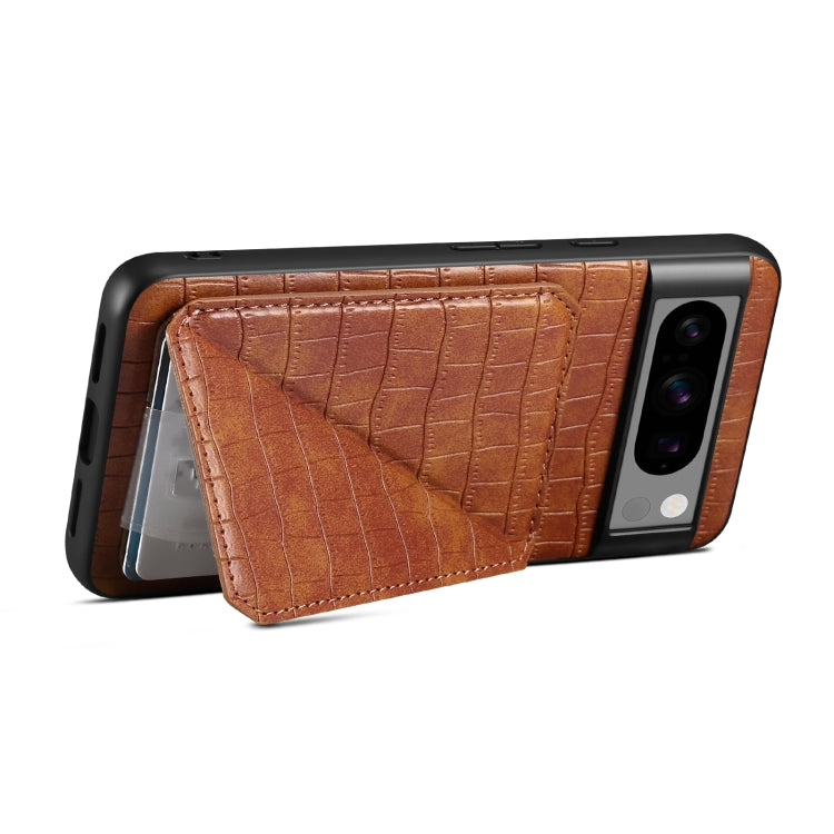 For Google Pixel 8 Pro Denior Crocodile Texture Holder Electroplating Phone Case(Brown) - Google Cases by Denior | Online Shopping UK | buy2fix