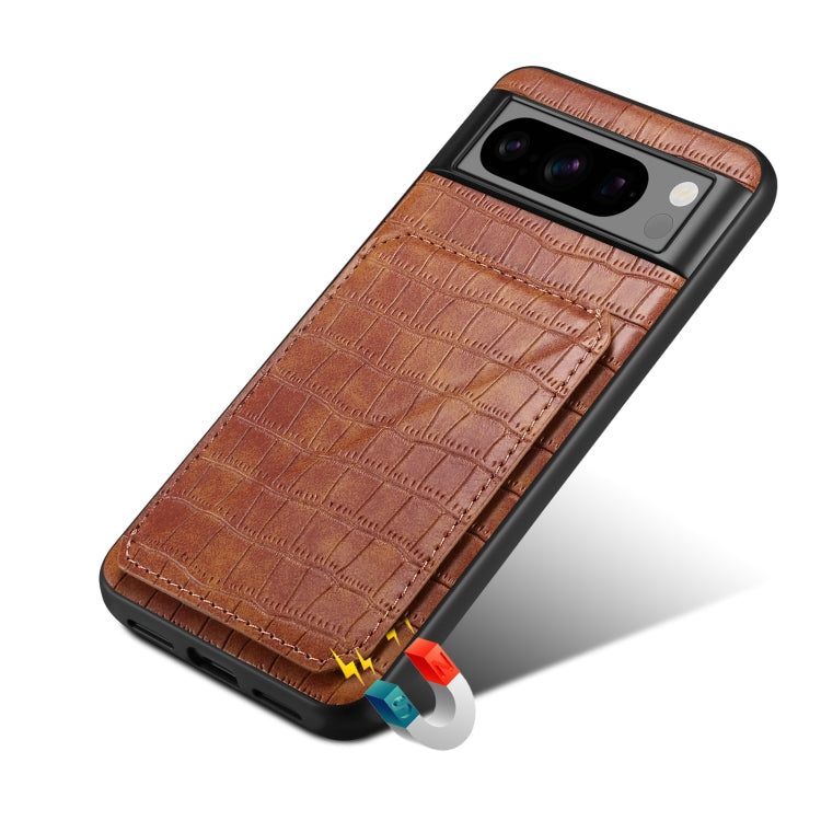 For Google Pixel 8 Pro Denior Crocodile Texture Holder Electroplating Phone Case(Brown) - Google Cases by Denior | Online Shopping UK | buy2fix