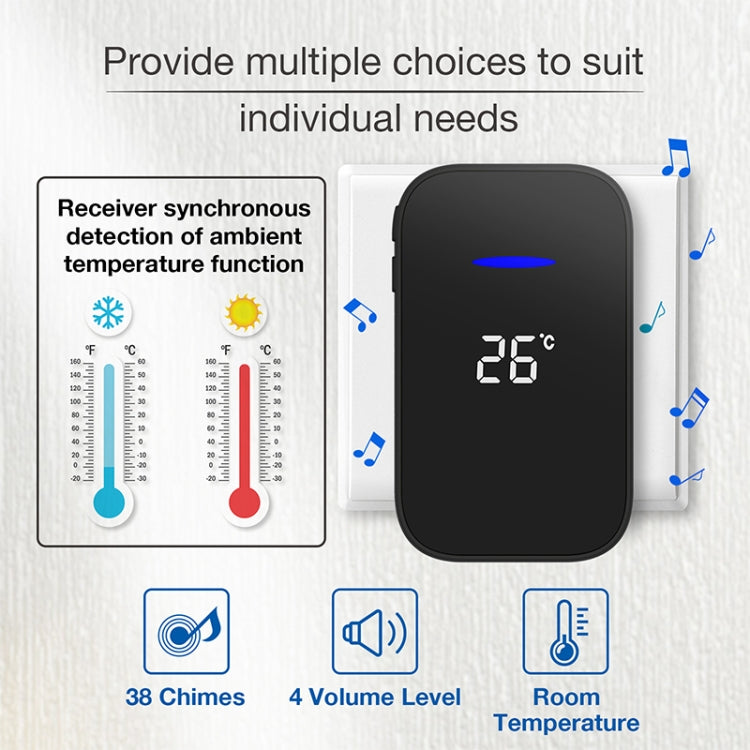 C302B One to Two Home Wireless Doorbell Temperature Digital Display Remote Control Elderly Pager, UK Plug(Black) by buy2fix