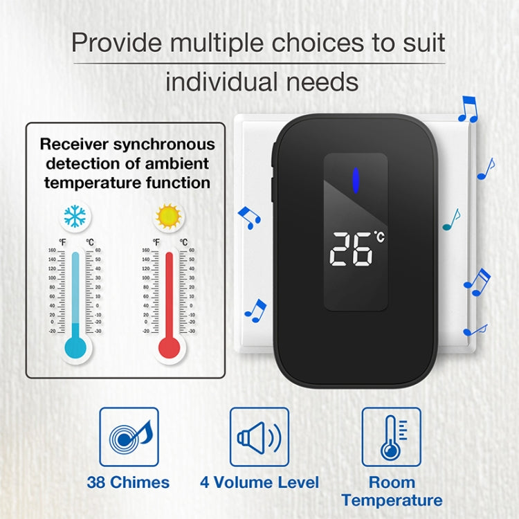 C303B One to One Home Wireless Doorbell Temperature Digital Display Remote Control Elderly Pager, EU Plug(Black) by buy2fix