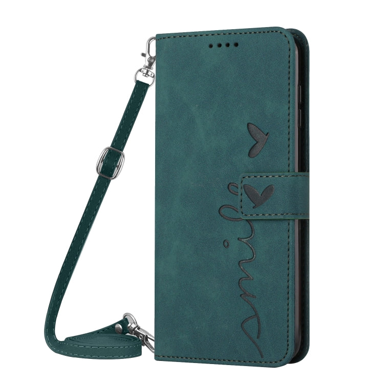 For Motorola Moto G Play 2024 Skin Feel Heart Embossed Leather Phone Case with Long Lanyard(Green) - Motorola Cases by buy2fix | Online Shopping UK | buy2fix