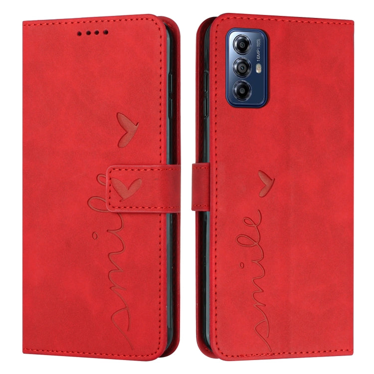 For Motorola Moto G Play 2024 Skin Feel Heart Embossed Leather Phone Case with Long Lanyard(Red) - Motorola Cases by buy2fix | Online Shopping UK | buy2fix