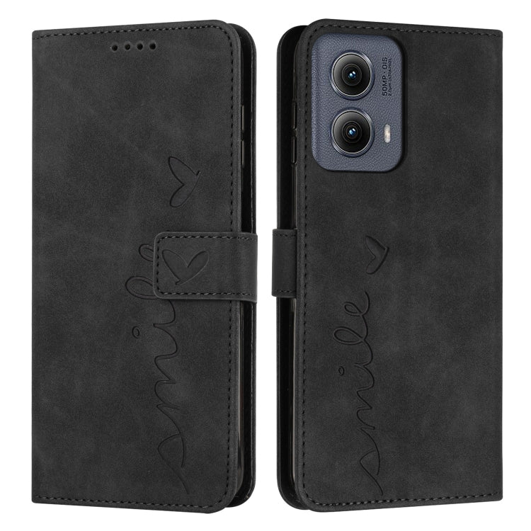 For Motorola Edge 5G 2024 Skin Feel Heart Embossed Leather Phone Case with Long Lanyard(Black) by buy2fix