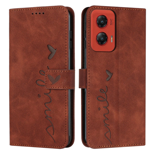 For Motorola Moto G Stylus 5G 2024 Skin Feel Heart Embossed Leather Phone Case with Long Lanyard(Brown) by buy2fix