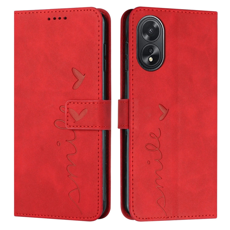 For OPPO A38 / Oppo A18 Skin Feel Heart Embossed Leather Phone Case with Long Lanyard(Red) by buy2fix