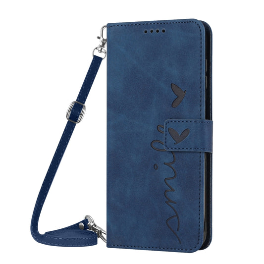 For OPPO Reno11 5G Global Skin Feel Heart Embossed Leather Phone Case with Long Lanyard(Blue) by buy2fix