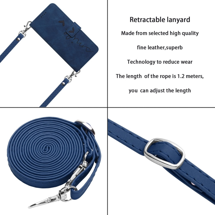 For OPPO Reno11 Pro Global Skin Feel Heart Embossed Leather Phone Case with Long Lanyard(Blue) - Reno11 Pro Cases by buy2fix | Online Shopping UK | buy2fix