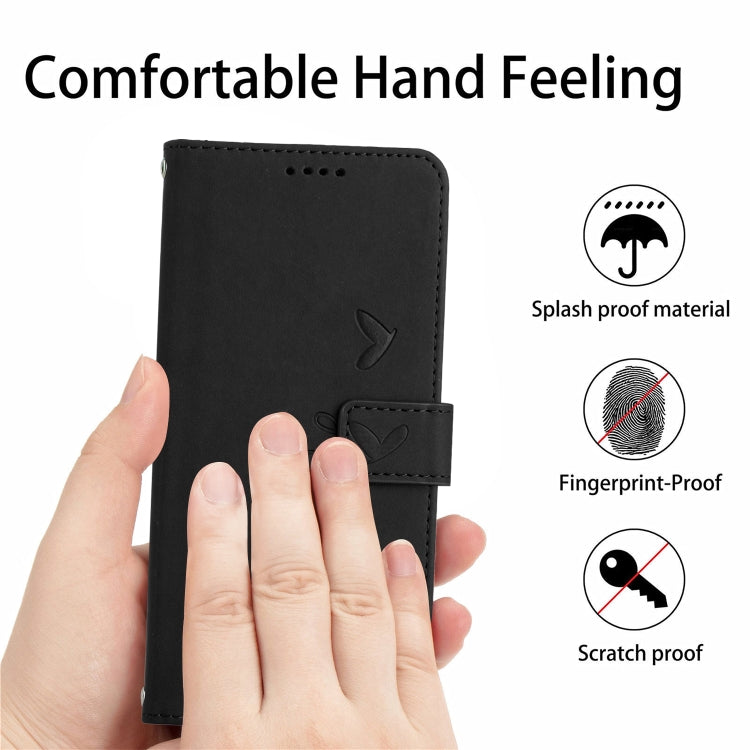 For Xiaomi Redmi 13C Skin Feel Heart Embossed Leather Phone Case with Long Lanyard(Black) - 13C Cases by buy2fix | Online Shopping UK | buy2fix