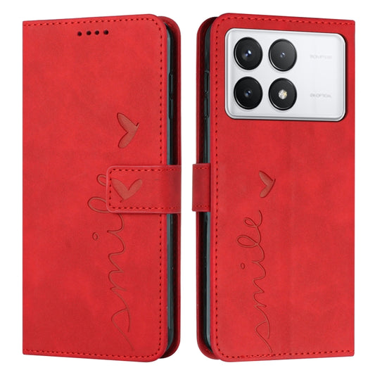 For Xiaomi Redmi K70 / K70 Pro Skin Feel Heart Embossed Leather Phone Case with Long Lanyard(Red) - K70 Pro Cases by buy2fix | Online Shopping UK | buy2fix