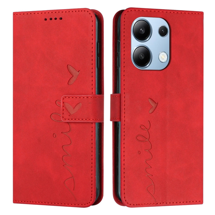 For Xiaomi Redmi Note 13 4G Global Skin Feel Heart Embossed Leather Phone Case with Long Lanyard(Red) - Note 13 Cases by buy2fix | Online Shopping UK | buy2fix