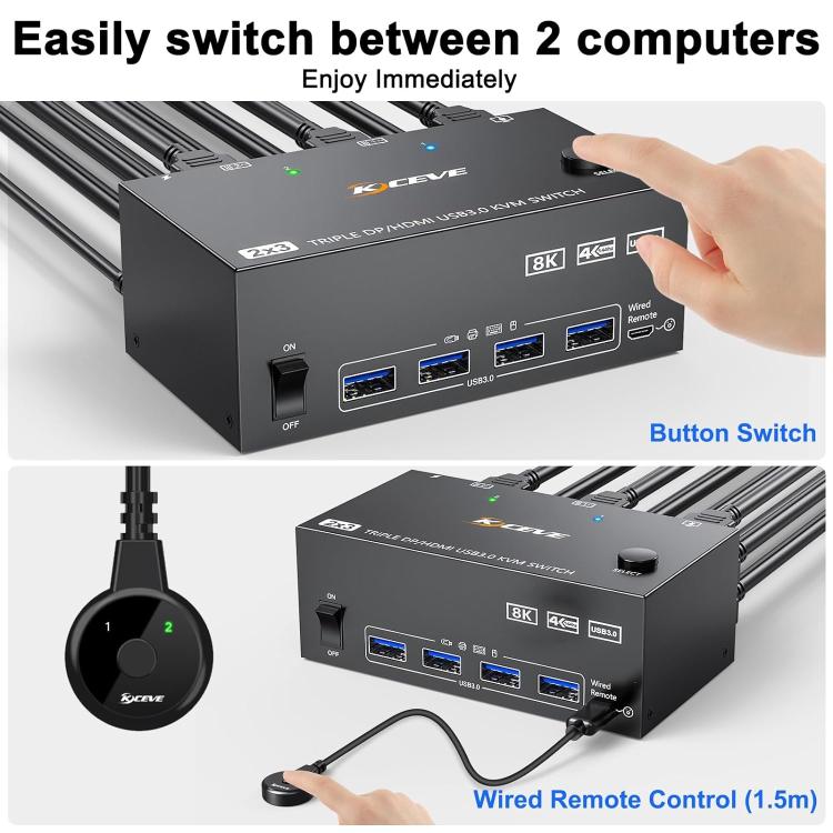 KC-KVM203DH 8K 30Hz USB3.0 DP+DP+HDMI Triple Monitors KVM Switch, AU Plug by buy2fix