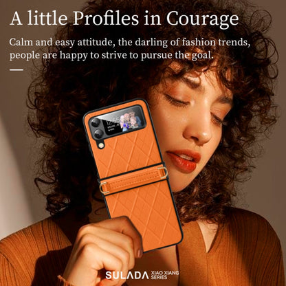 For Samsung Galaxy Z Flip3 5G SULADA Elegant Rhombic Texture Folding Phone Case with Lanyard(Orange) - Galaxy Phone Cases by SULADA | Online Shopping UK | buy2fix
