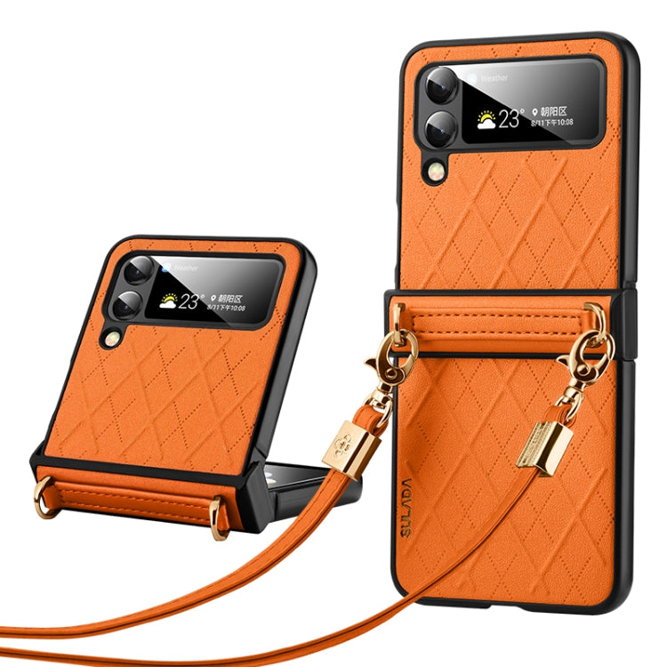 For Samsung Galaxy Z Flip4 SULADA Elegant Rhombic Texture Folding Phone Case with Lanyard(Orange) - Galaxy Z Flip4 5G Cases by SULADA | Online Shopping UK | buy2fix