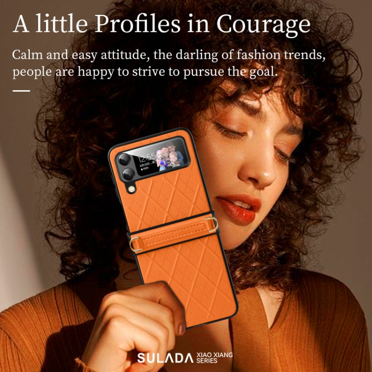 For Samsung Galaxy Z Flip4 SULADA Elegant Rhombic Texture Folding Phone Case with Lanyard(Orange) - Galaxy Z Flip4 5G Cases by SULADA | Online Shopping UK | buy2fix