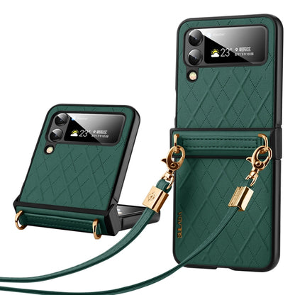 For Samsung Galaxy Z Flip4 SULADA Elegant Rhombic Texture Folding Phone Case with Lanyard(Green) - Galaxy Z Flip4 5G Cases by SULADA | Online Shopping UK | buy2fix