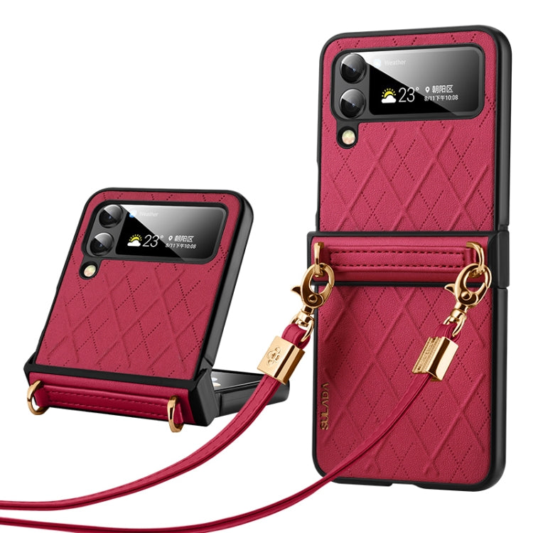 For Samsung Galaxy Z Flip4 SULADA Elegant Rhombic Texture Folding Phone Case with Lanyard(Red) - Galaxy Z Flip4 5G Cases by SULADA | Online Shopping UK | buy2fix