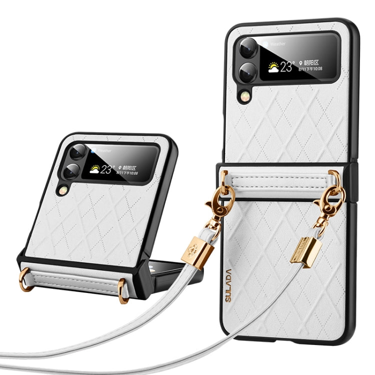 For Samsung Galaxy Z Flip5 SULADA Elegant Rhombic Texture Folding Phone Case with Lanyard(White) - Galaxy Z Flip5 Cases by SULADA | Online Shopping UK | buy2fix