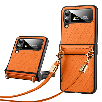 For Samsung Galaxy Z Flip5 SULADA Elegant Rhombic Texture Folding Phone Case with Lanyard(Orange) - Galaxy Z Flip5 Cases by SULADA | Online Shopping UK | buy2fix