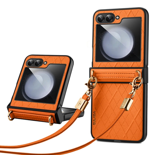 For Samsung Galaxy Z Flip6 / Flip7 FE SULADA Elegant Rhombic Texture Folding Phone Case with Lanyard(Orange) - Galaxy Z Flip6 5G Cases by SULADA | Online Shopping UK | buy2fix