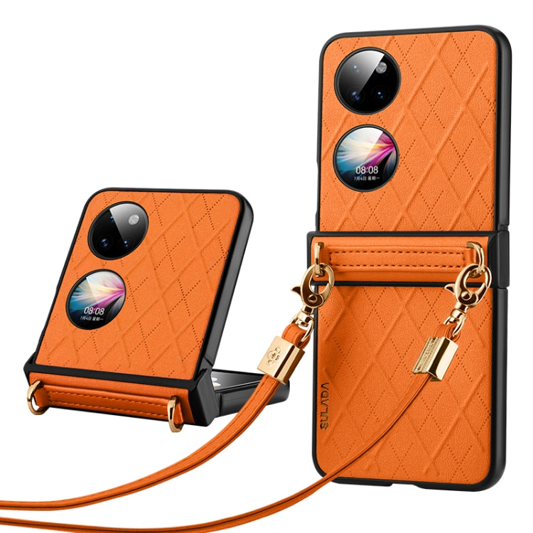 For Huawei P50 Pocket SULADA Elegant Rhombic Texture Folding Phone Case with Lanyard(Orange) - Huawei Cases by SULADA | Online Shopping UK | buy2fix