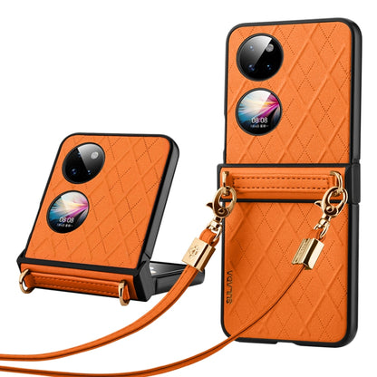 For Huawei P50 Pocket SULADA Elegant Rhombic Texture Folding Phone Case with Lanyard(Orange) - Huawei Cases by SULADA | Online Shopping UK | buy2fix
