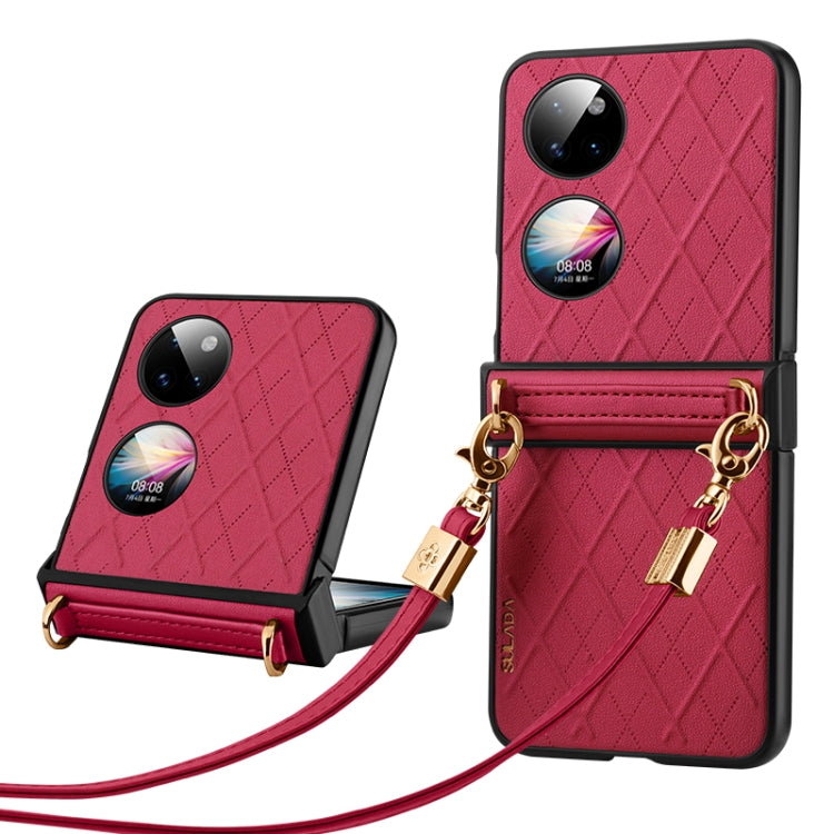 For Huawei P50 Pocket SULADA Elegant Rhombic Texture Folding Phone Case with Lanyard(Red) - Huawei Cases by SULADA | Online Shopping UK | buy2fix