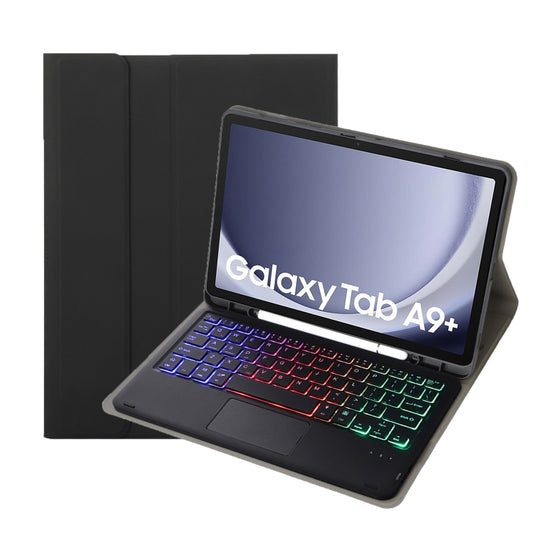 For Samsung Galaxy Tab A9+ X210/X215/X215 A09B-AS Candy Color Touch Backlight Bluetooth Keyboard Leather Tablet Case with Pen Holder(Black) by buy2fix