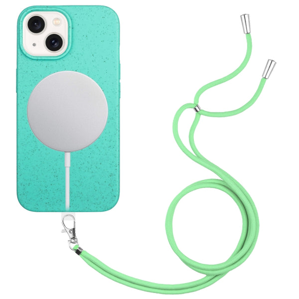 For iPhone 15 Wheat MagSafe Magnetic Straw Material + TPU Phone Case with Lanyard(Green) by buy2fix