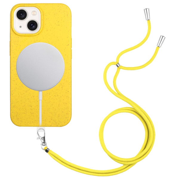 For iPhone 15 Wheat MagSafe Magnetic Straw Material + TPU Phone Case with Lanyard(Yellow) by buy2fix