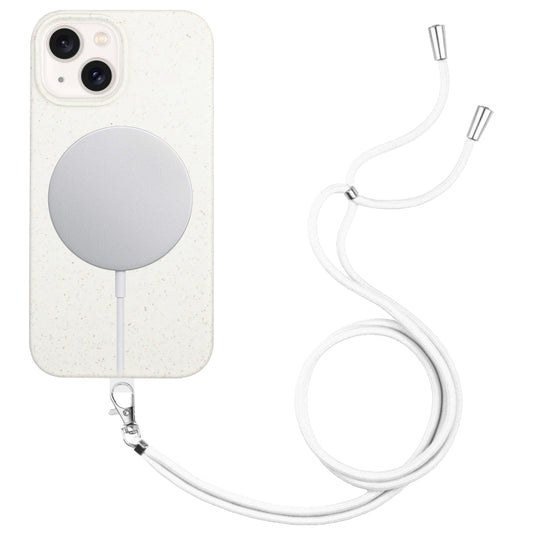 For iPhone 14 Wheat MagSafe Magnetic Straw Material + TPU Phone Case with Lanyard(White) - iPhone 14 Cases by buy2fix | Online Shopping UK | buy2fix