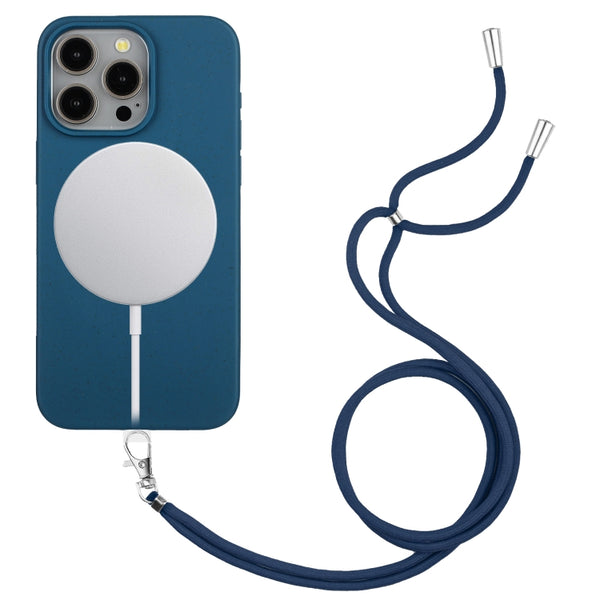 For iPhone 14 Pro Wheat MagSafe Magnetic Straw Material + TPU Phone Case with Lanyard(Blue) by buy2fix