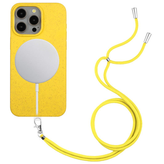 For iPhone 14 Pro Max Wheat MagSafe Magnetic Straw Material + TPU Phone Case with Lanyard(Yellow) - iPhone 14 Pro Max Cases by buy2fix | Online Shopping UK | buy2fix