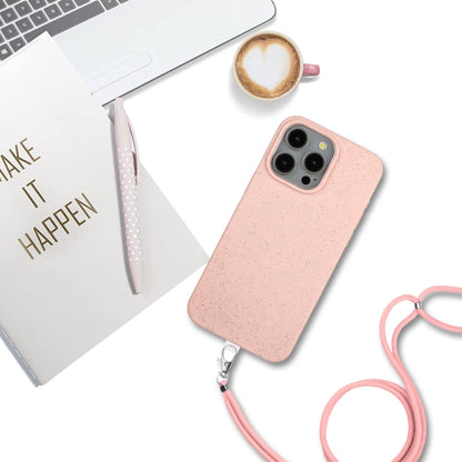 For iPhone 14 Pro Max Wheat MagSafe Magnetic Straw Material + TPU Phone Case with Lanyard(Pink) - iPhone 14 Pro Max Cases by buy2fix | Online Shopping UK | buy2fix