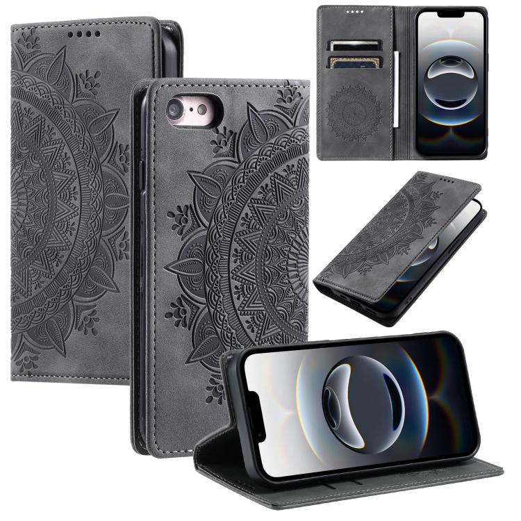 For iPhone 16e Totem Embossed Magnetic Leather Phone Case(Grey) - iPhone 16e Cases by buy2fix | Online Shopping UK | buy2fix