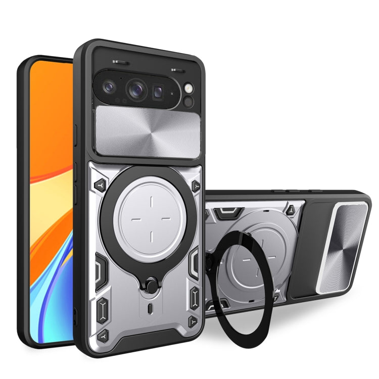 For Google Pixel 9 Pro XL CD Texture Sliding Camshield Magnetic Holder Phone Case(Silver) - Google Cases by buy2fix | Online Shopping UK | buy2fix