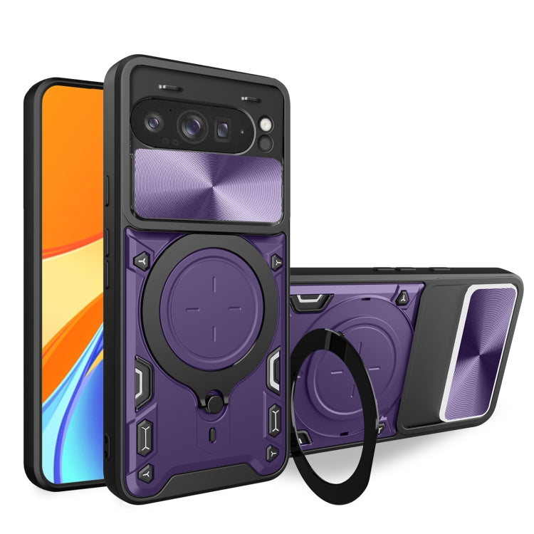 For Google Pixel 9 Pro XL CD Texture Sliding Camshield Magnetic Holder Phone Case(Purple) - Google Cases by buy2fix | Online Shopping UK | buy2fix