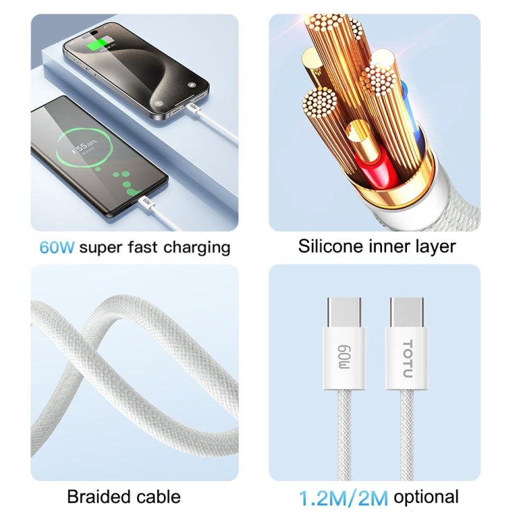 TOTU CB-10-CC 60W USB-C / Type-C to Type-C Silicone Braided Data Cable, Length:1.2m(White) - USB-C & Type-C Cable by TOTUDESIGN | Online Shopping UK | buy2fix