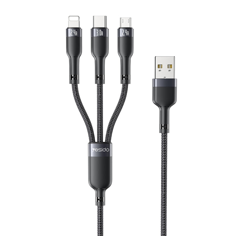 Yesido CA91 3A 3 in 1 USB to 8 Pin+USB-C/Type-C+Micro USB Aluminum Alloy Data Cable, Length: 1m(Black) - Multifunction Cable by Yesido | Online Shopping UK | buy2fix