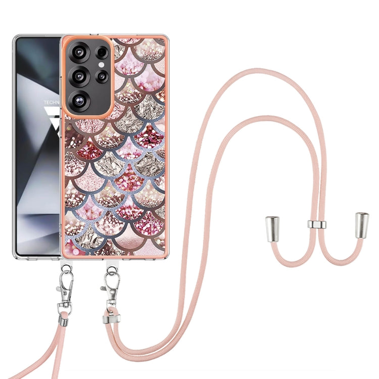 For Samsung Galaxy S25 Ultra 5G Electroplating Pattern IMD TPU Shockproof Case with Neck Lanyard(Pink Scales) by buy2fix